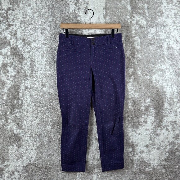 Anthropologie Pants US 2 Womens Blue Twill Circular Dot Ankle Red - Picture 1 of 9